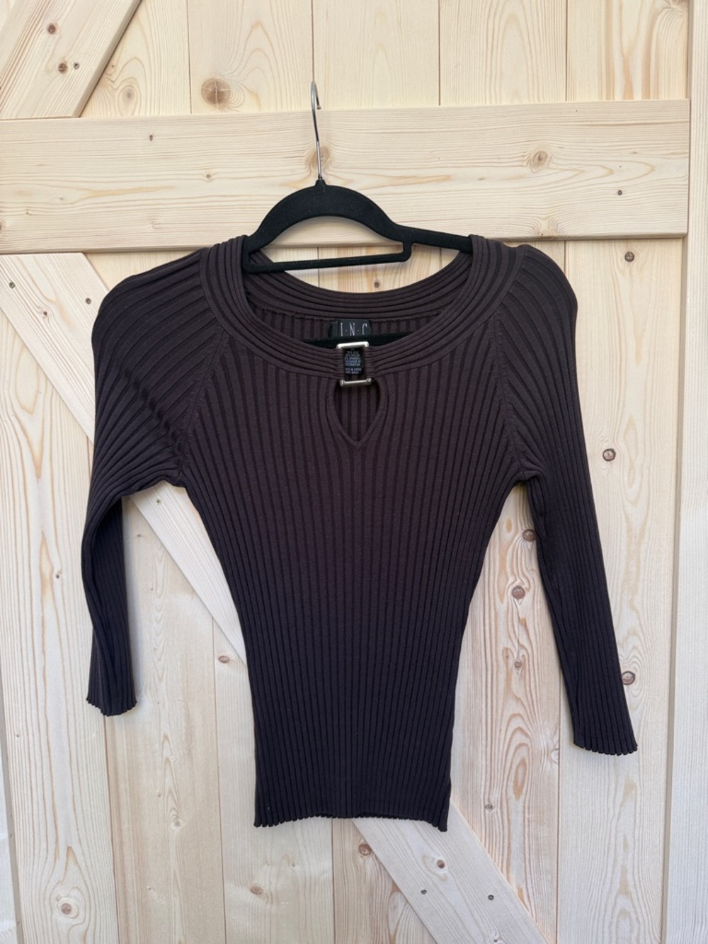 INC International Concepts Dark Brown Ribbed Keyhole Long Sleeve Top
